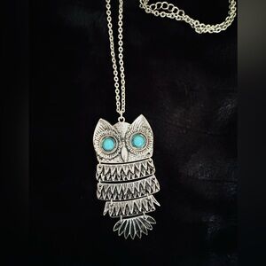 Vintage Articulated Owl Pendant Necklace • Boho Turquoise Eyes • Long Chain